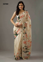 Cream Bright Moss Designer Digital Printed Party Wear Saree - Be Verly