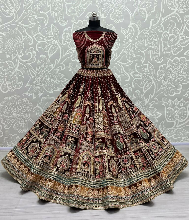 Jyoti Fashion Women's Maroon Velvet Fancy Dori & Sequins with Multi Thread Embroidered with Diamond Work Wedding Lehenga Choli