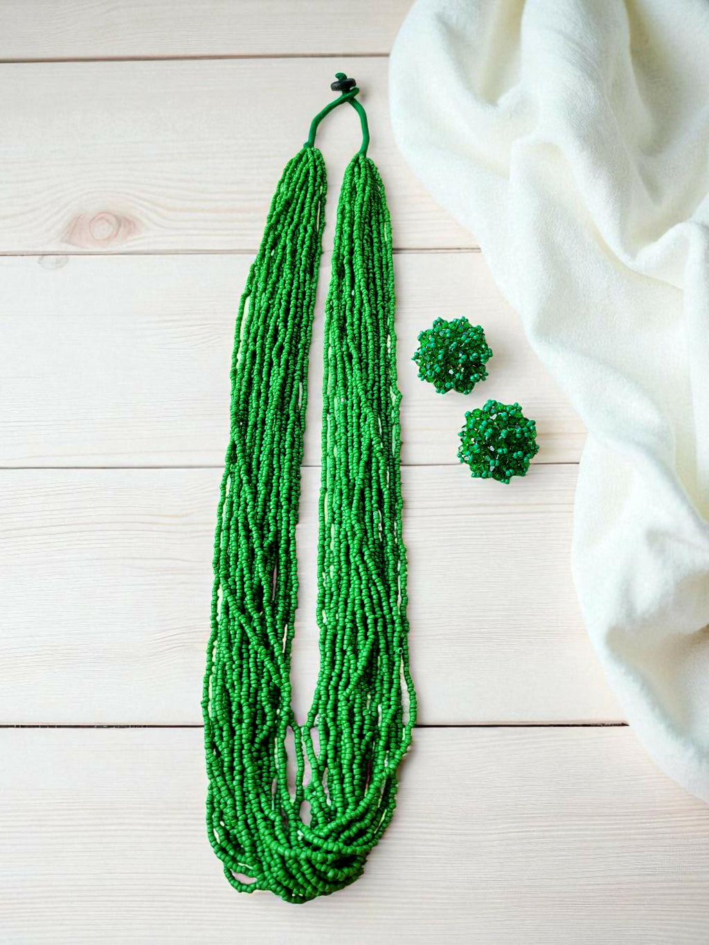 Inhanns Rangsaaz 20-Layer Luxe Long Beaded Necklace (With Optional Statement Earrings) - Green With Earring