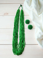 Inhanns Rangsaaz 20-Layer Luxe Long Beaded Necklace (With Optional Statement Earrings) - Green With Earring