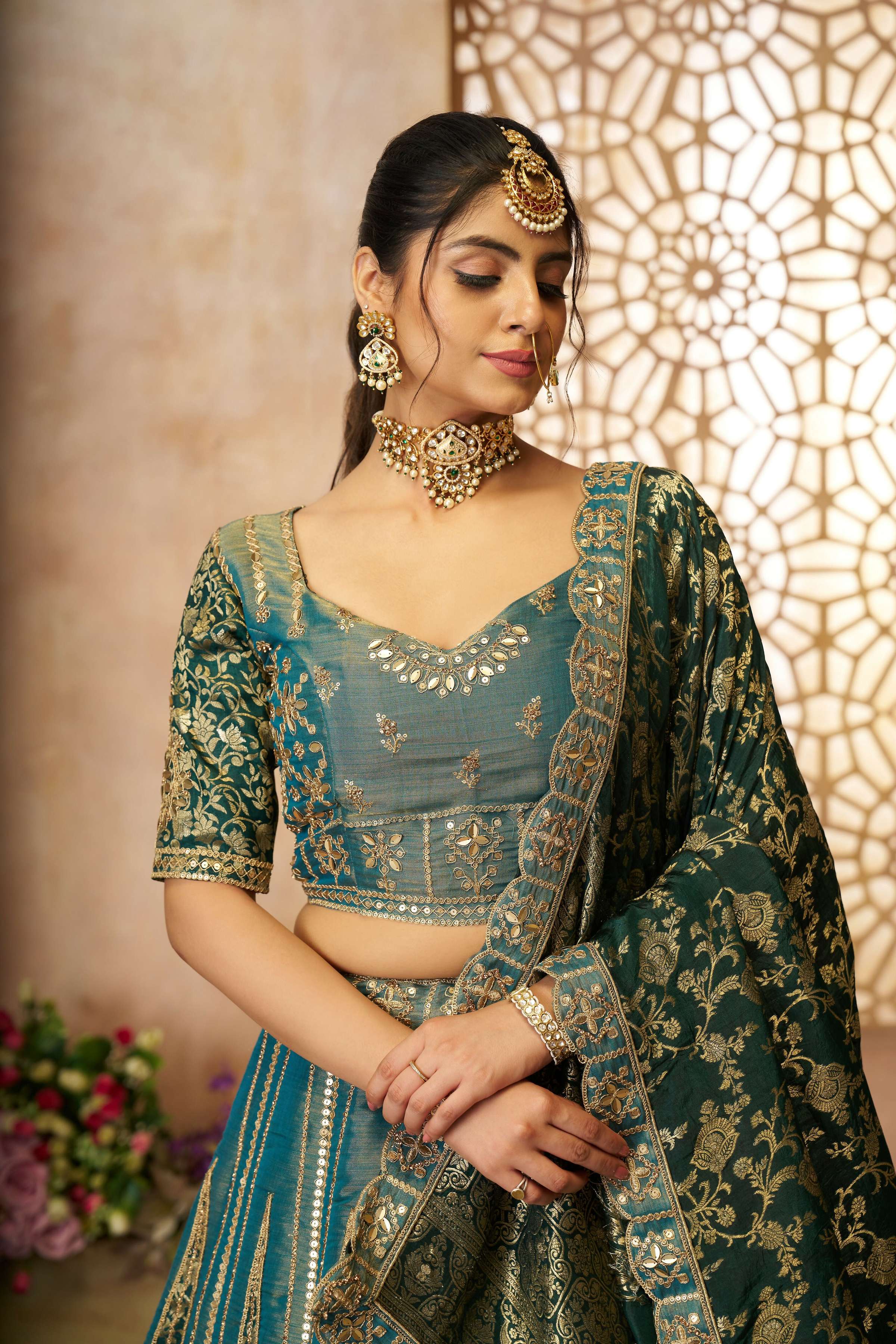 Kesar Fab Green Net Hand_Woven Lehenga