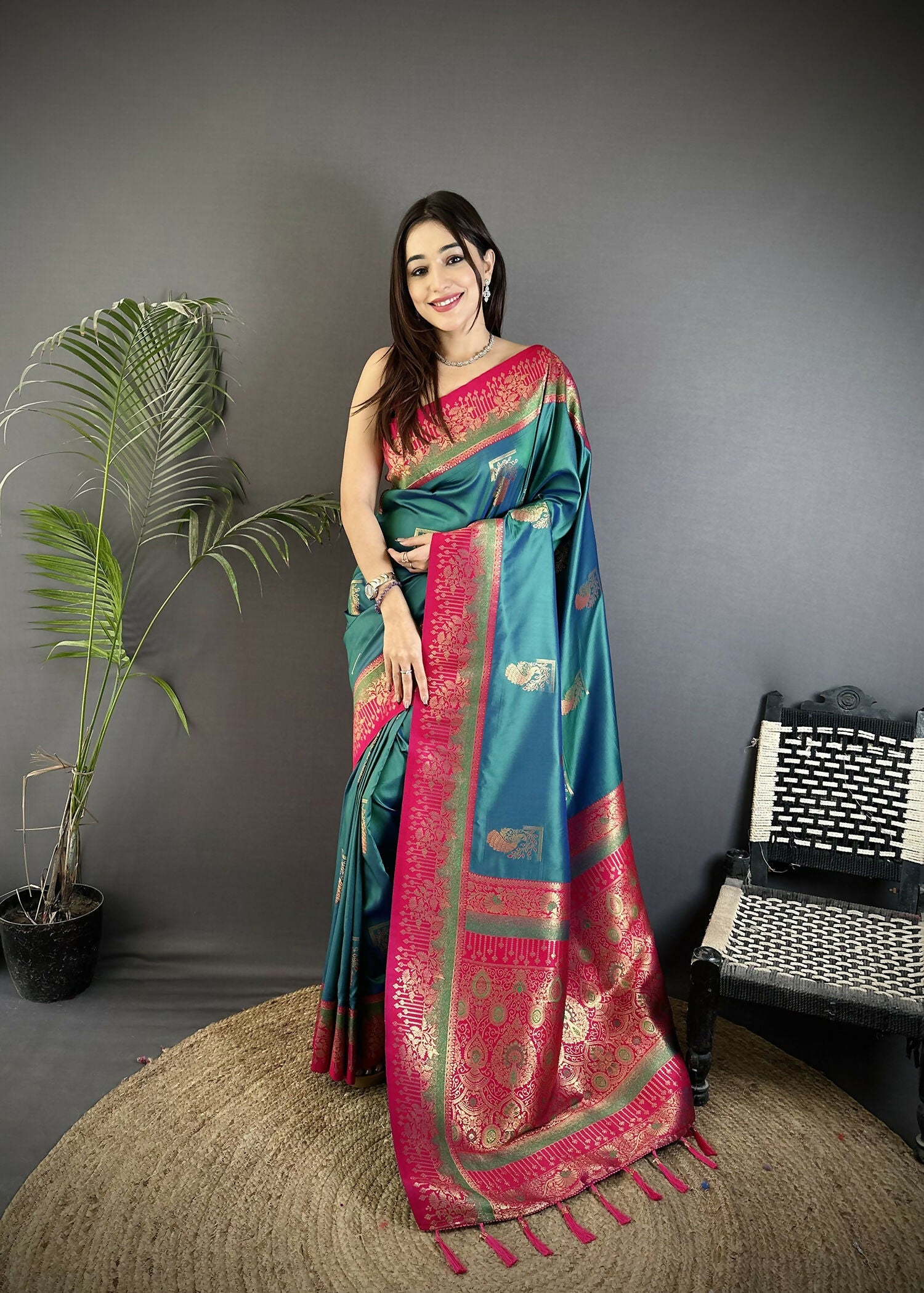 Joban Fashion Teal Banarasi Soft Silk Peacock Butta Work Saree - Distacart