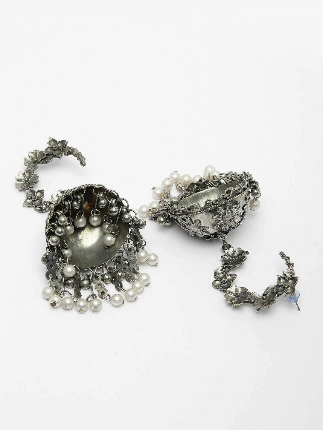NVR Women's Silver Plated Pearl Beaded Oxidised Contemporary Jhumka Earrings - Distacart