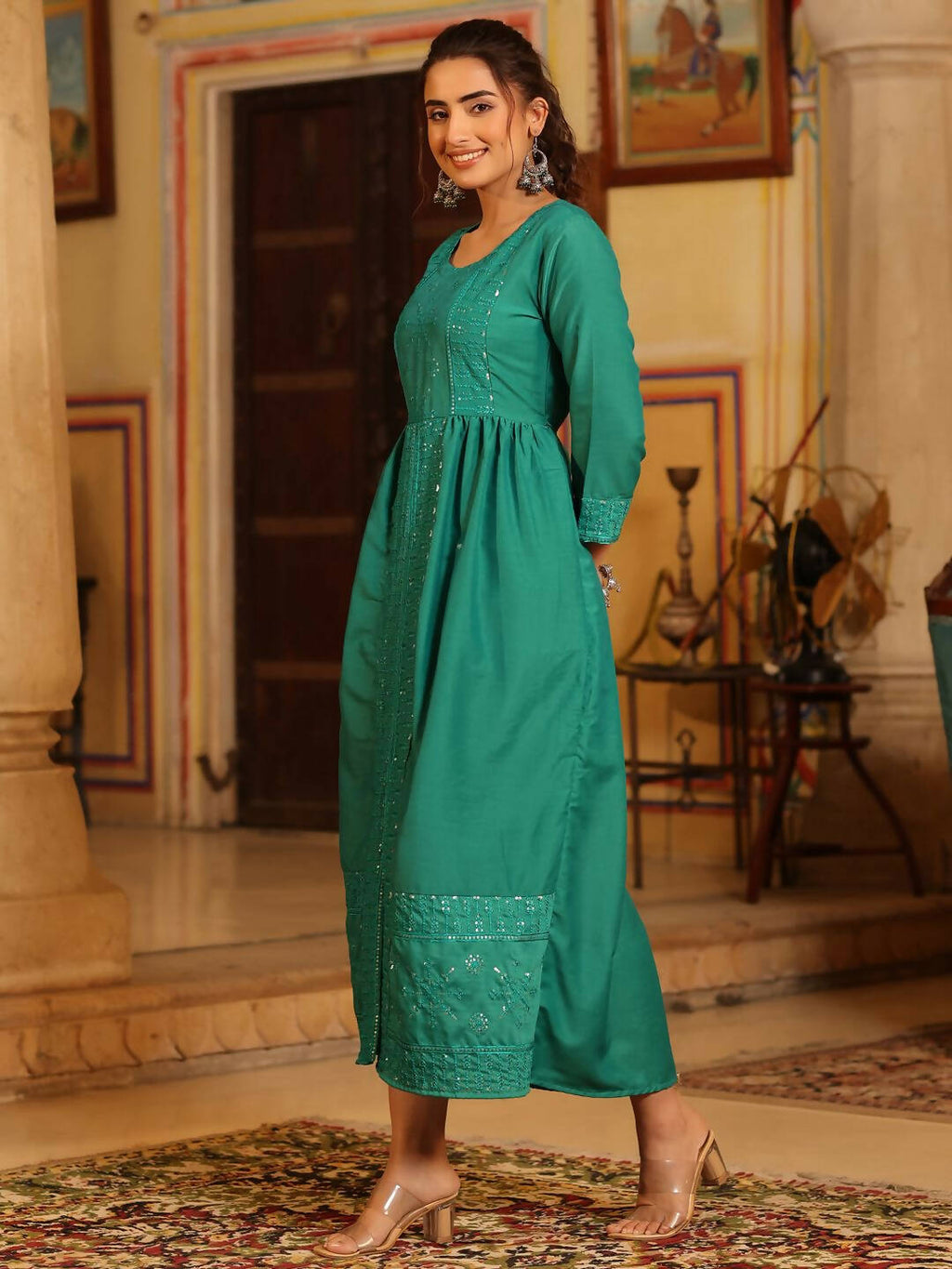 Juniper Women's Teal Festive Embroiderd Flared Dress - Distacart