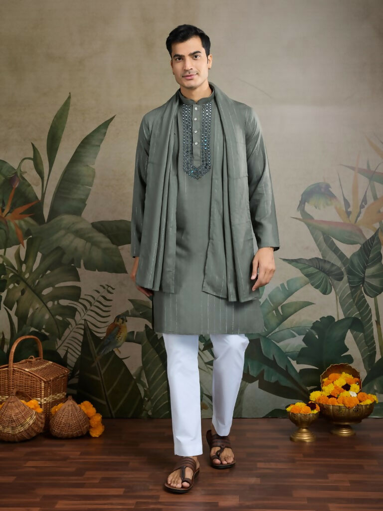 Vastranavya Rust Green Exclusive Viscose Rayon Festival Wear Real Mirror Work Kurta with Dupatta