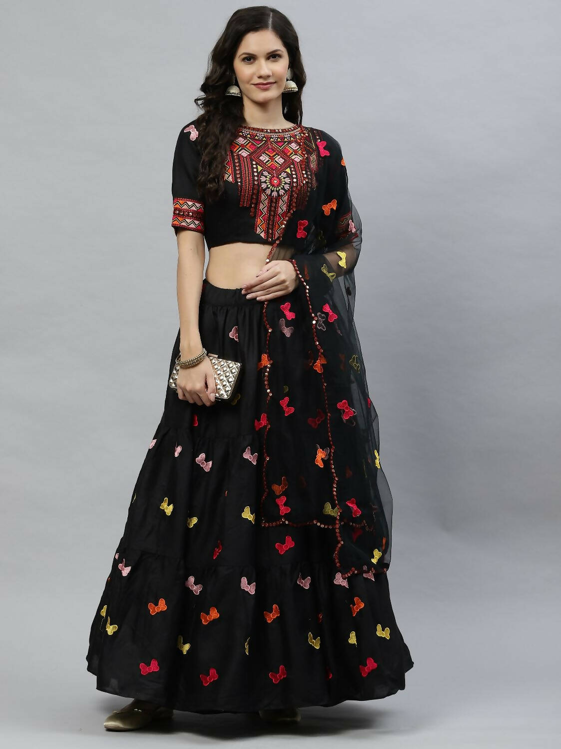 Black Cotton Embroidered Work Lehenga Choli with Dupatta - Jivika