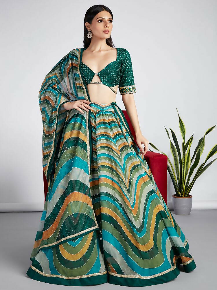 House of Panchhi Green Organza Siroski Stone Work Leheriya Print Lehenga Choli & Dupatta