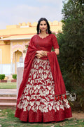 Vastranavya Ethnic Look Tussar Silk Floral Printed With Foil Work Indian Lehenga Choli - Red