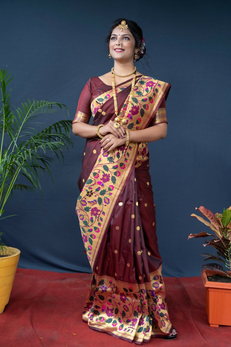 Jyoti Fashion Women's Brown Paithani Silk Zari Woven Saree with Blouse