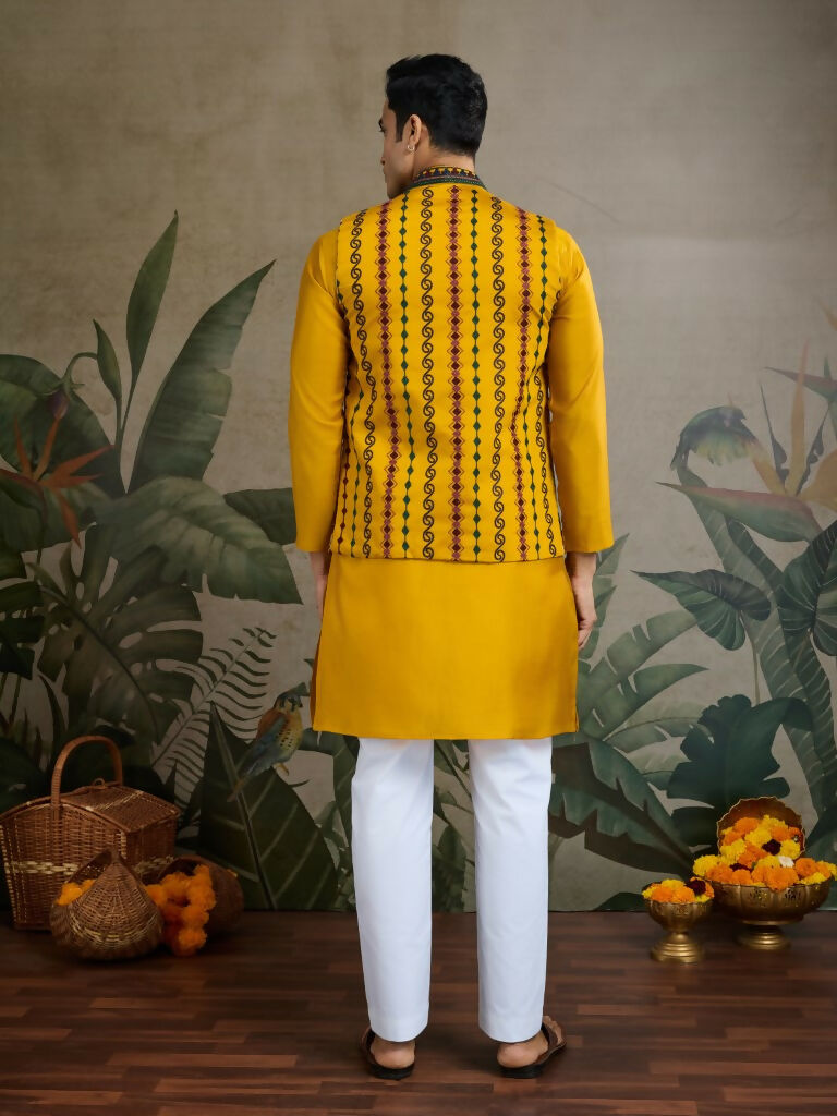 Vastranavya Yellow Exclusive Festival Viscose Silk Thread & Swarovski Embroidered Work Mens Wear Kurta & Koti