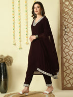 Myshka Women's Coffee Brown Georgette Kurta & Trousers With Dupatta Party Sets