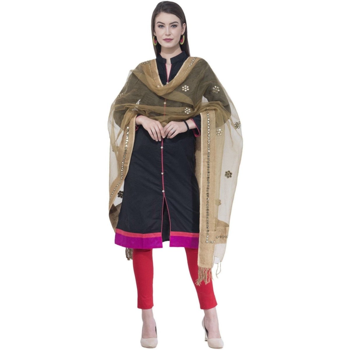 A R SILK Dark Golden Color Orgenza Flower Mirror Dupattas and Chunnis