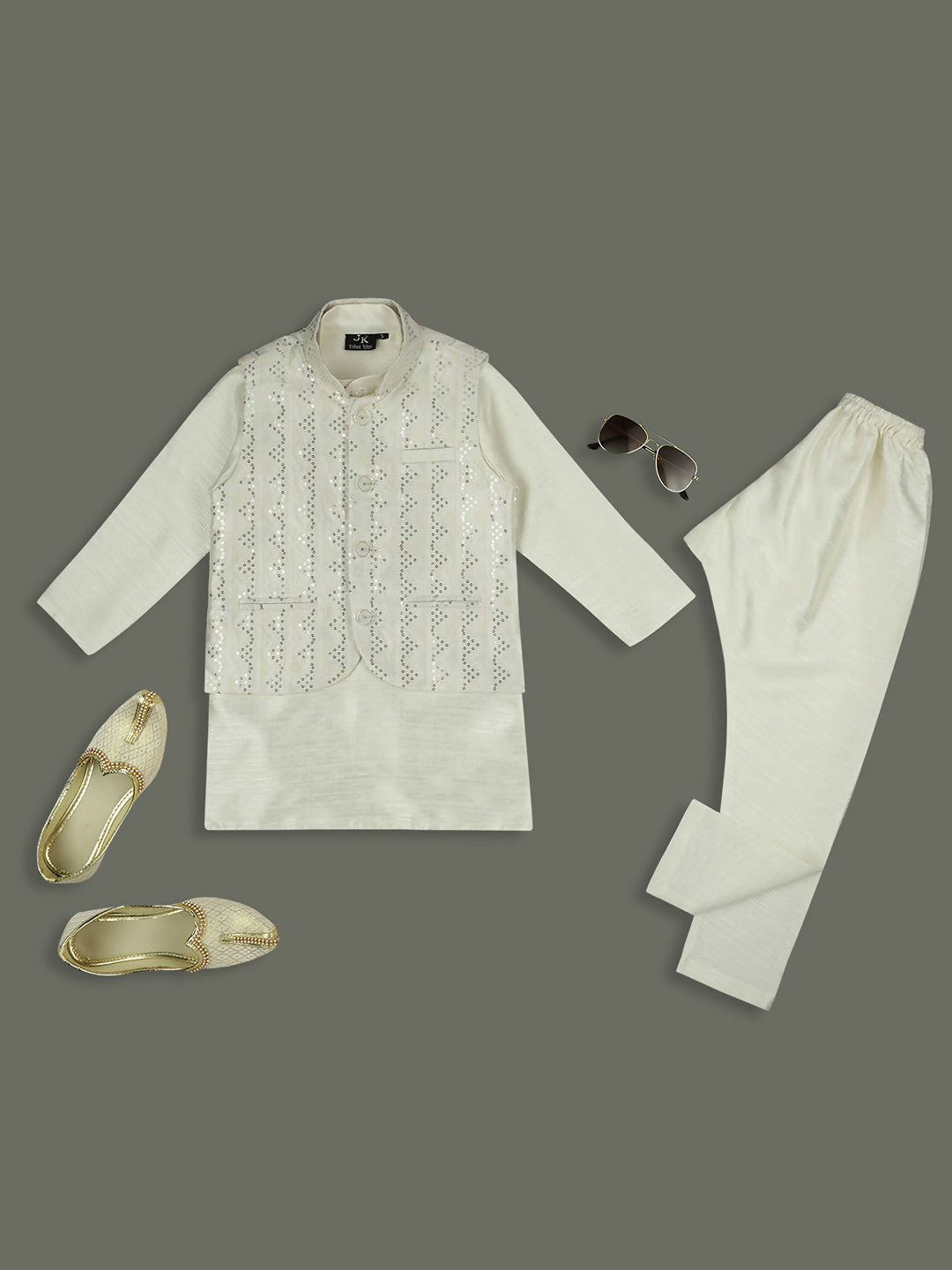 Joban Fashion Kids Island Elegance Sequence work Nehru Jacket Full Sleeves Kurta, Pyjama Set - Cream - Distacart