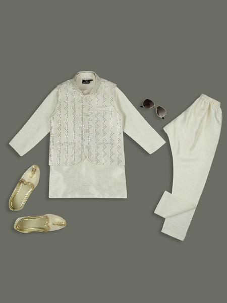 Joban Fashion Kids Island Elegance Sequence work Nehru Jacket Full Sleeves Kurta, Pyjama Set - Cream