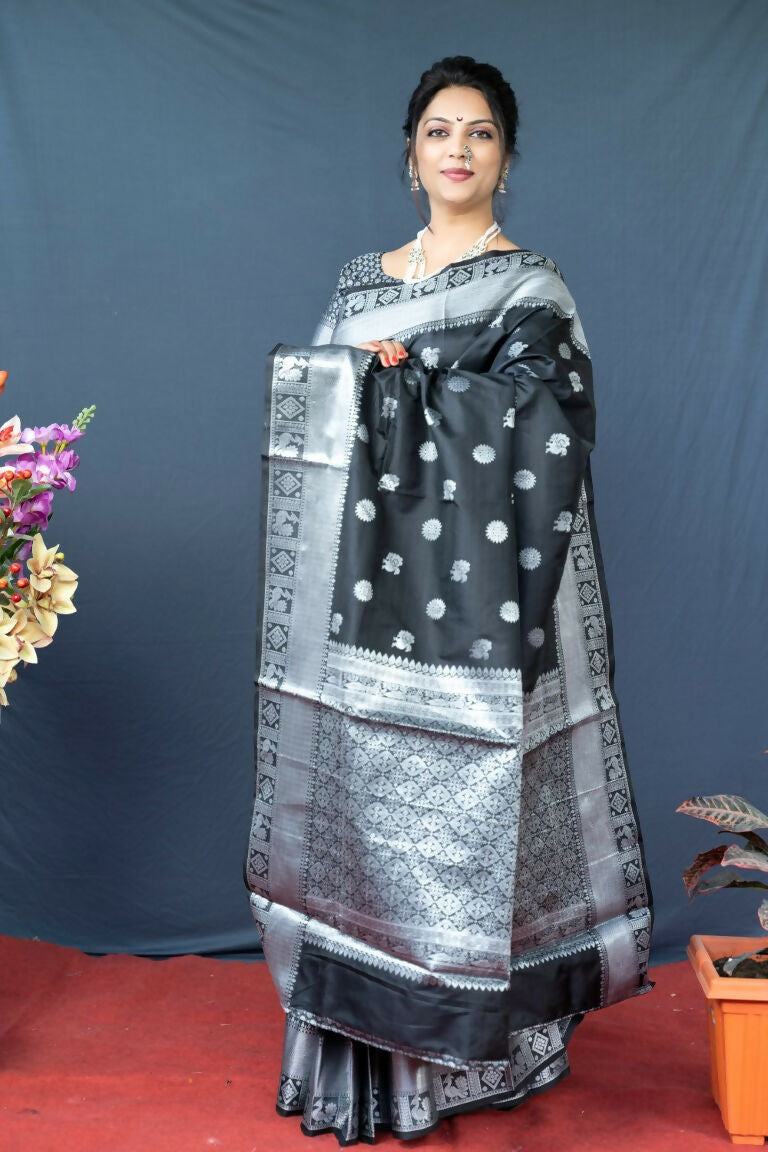 Jyoti Fashion Women's Black Soft Banarasi Silk Zari Woven Saree with Blouse