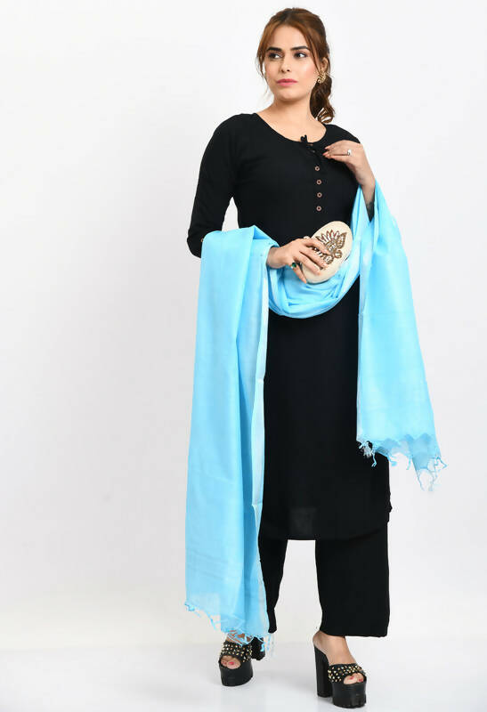 Mominos Fashion Moeza Women's Linen Cotton Silver Border Sky Blue Dupatta - Distacart