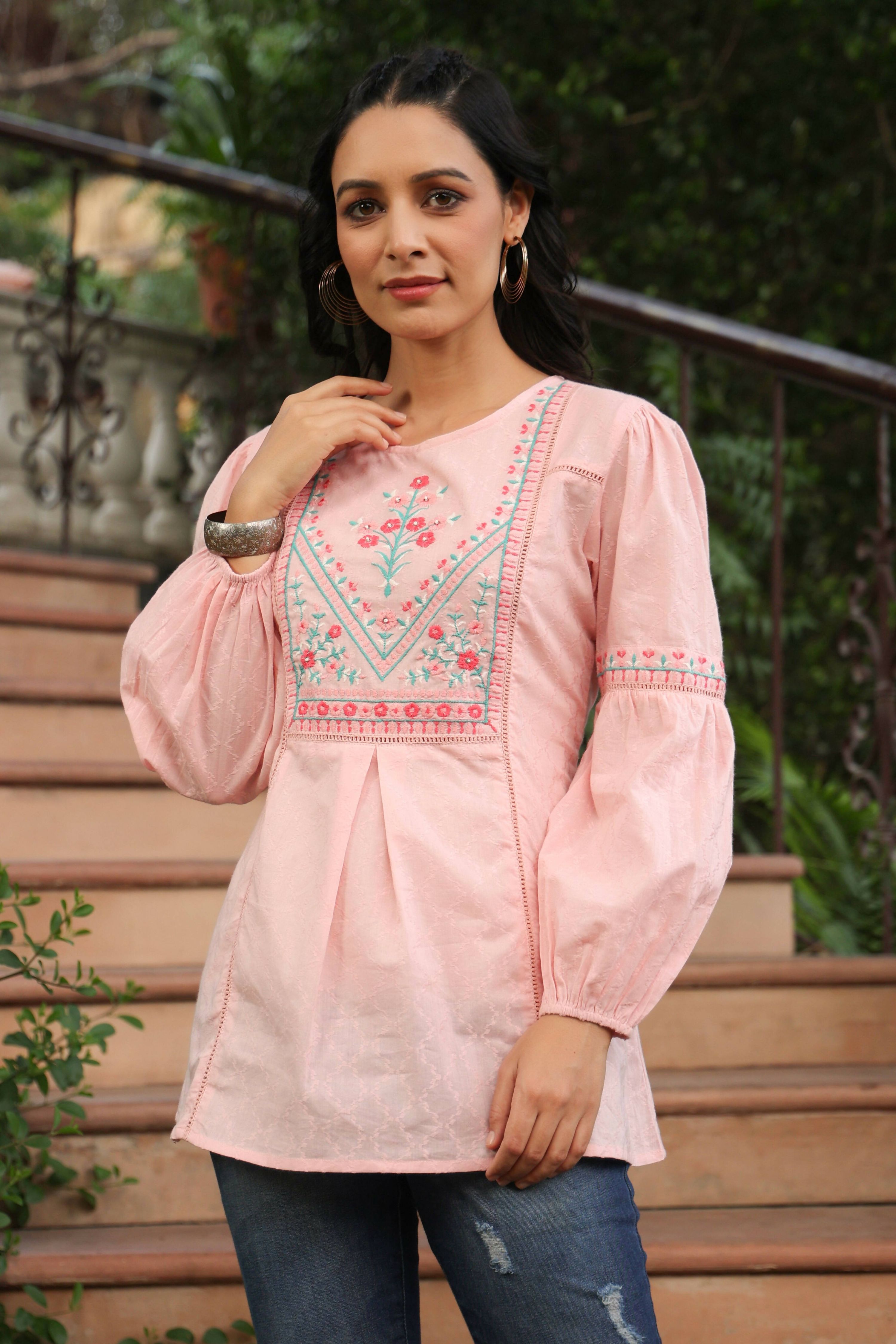 Juniper Women's Peach Cotton Dobby Solid Embroidered Straight Tunic - Distacart