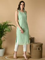 Myshka Women's Green Georgette Sleeveless Straight Party Kurta