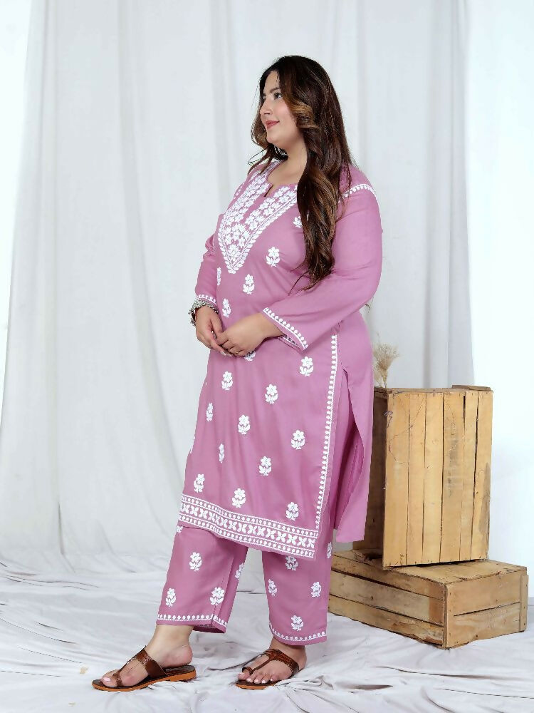 Miravan Womens Plus Size Pink Embroidered Kurta With Palazzo - Distacart
