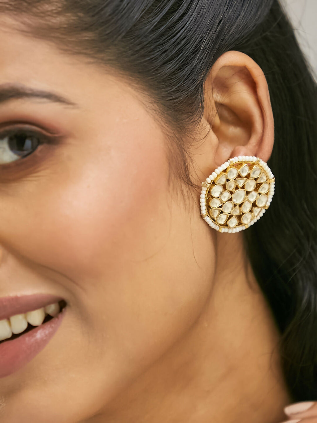 Nuyug 22K Gold-Plated Elegant Kundan Stone Studded & Pearl Beaded Disc Studs - Distacart