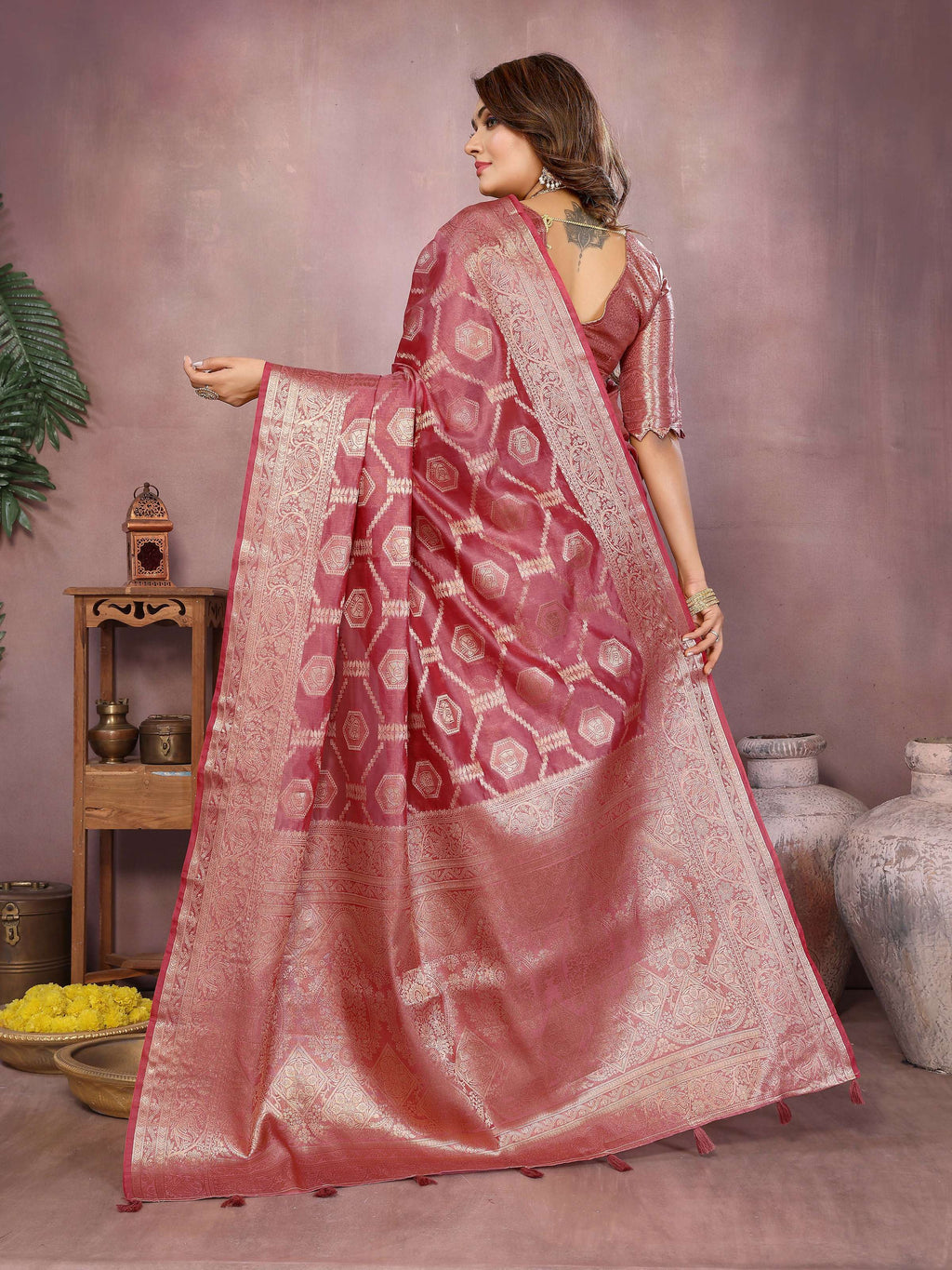 Aastha Fashion Dark Pink Soft Organza Silk Weaving Saree - Distacart