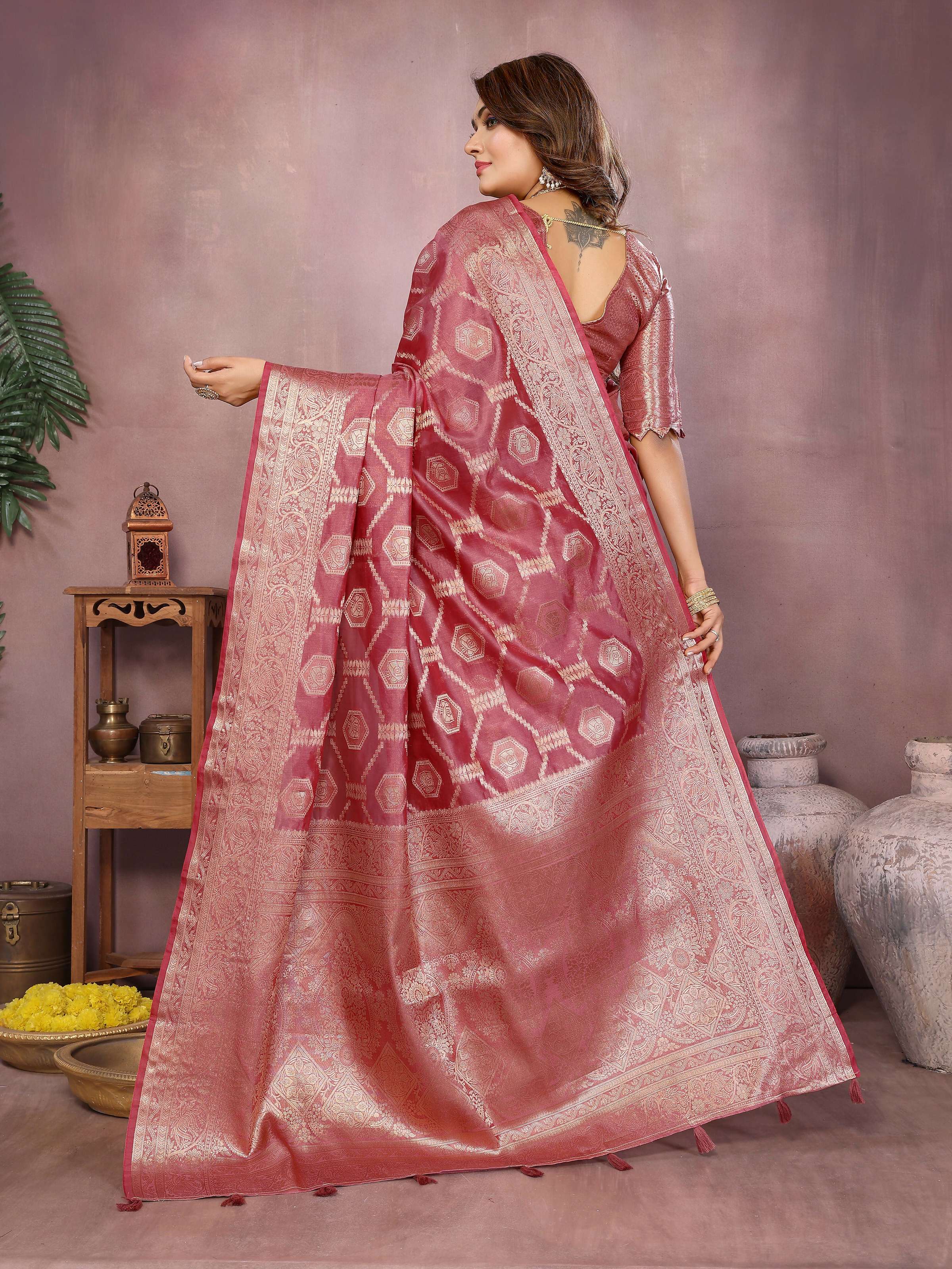 Aastha Fashion Dark Pink Soft Organza Silk Weaving Saree - Distacart