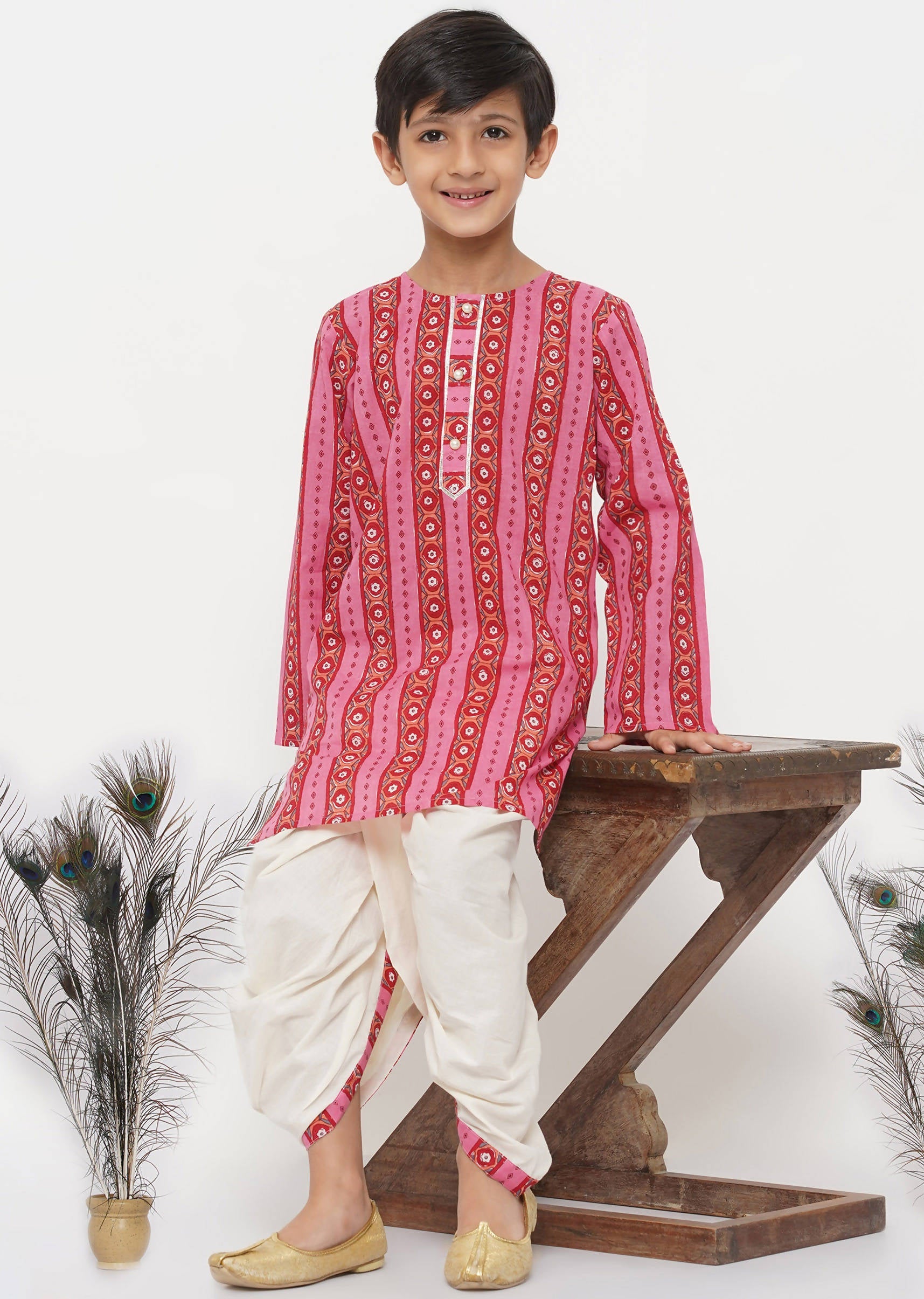 Little Bansi Boys Cotton Striped Kurta with Pearl Buttons & Dhoti -Pink & Cream