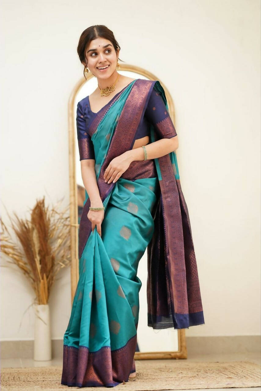 DEIANA'S Beautiful Designer Golden zari Soft Lichi Silk Saree - Sky