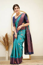 DEIANA'S Beautiful Designer Golden zari Soft Lichi Silk Saree - Sky
