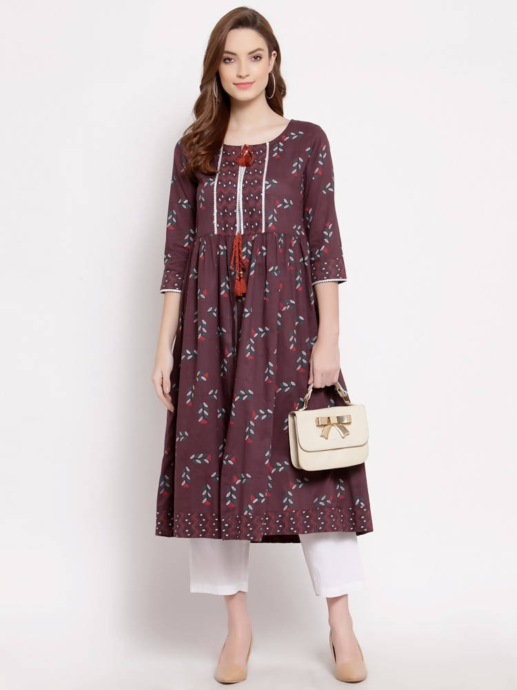 Myshka Women's Wine Cotton 3/4 Sleeve Round Neck Printed Casual Shrug