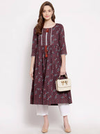 Myshka Women's Wine Cotton 3/4 Sleeve Round Neck Printed Casual Shrug