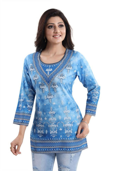 Snehal Creations Novelista Sky Blue Faux Crepe Printed Short Kurti Tunic