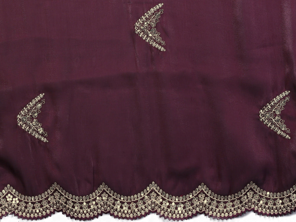 Vastranavya Wine Embroidery Work Shimmer Chiffon Saree with Unstitched Blouse - Distacart
