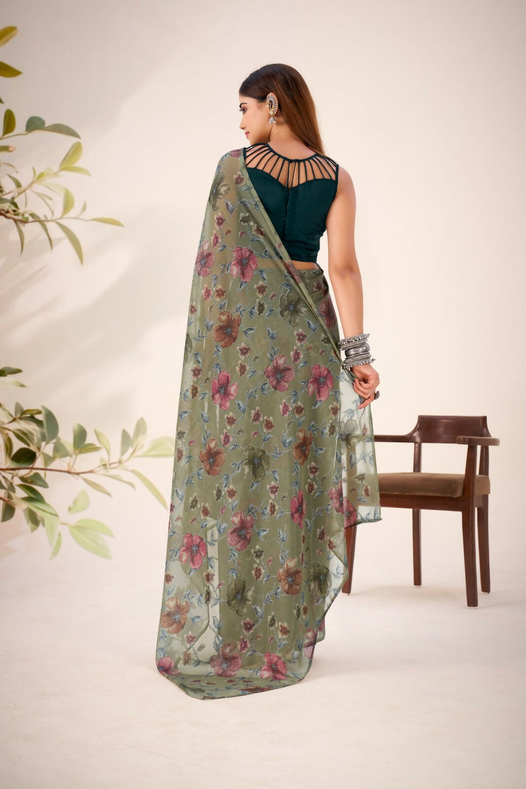 Vastranavya Mehendi Lurex Brasso Floral Printed Saree with Unstitched Blouse - Distacart