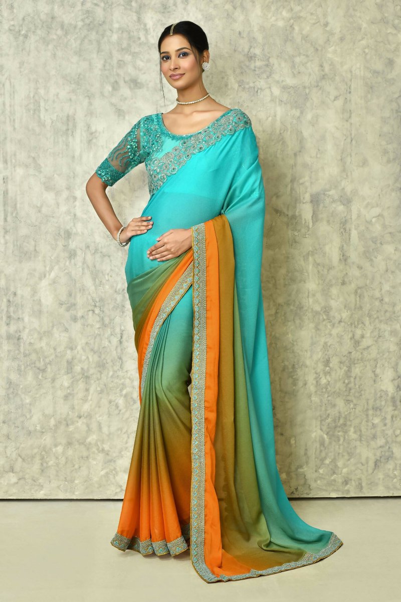 Aqua Blue Silk Plain Saree with Blouse Piece - Purvi