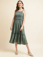 Green Cotton Solid Flared Dress with Printed Shrug - Yukti - Distacart