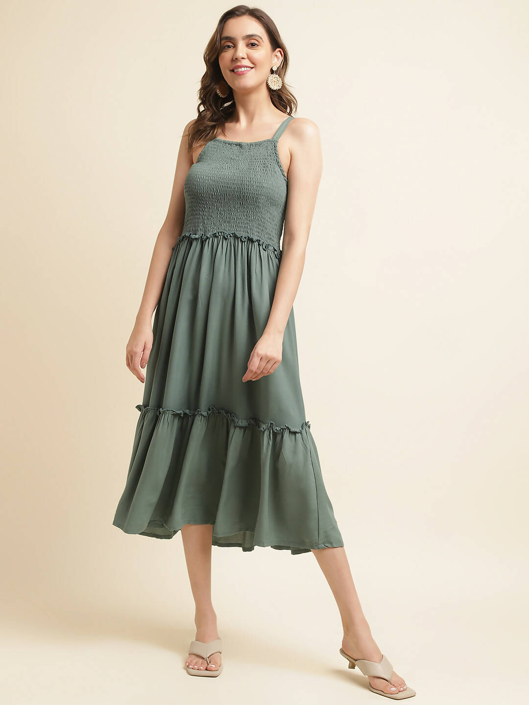 Green Cotton Solid Flared Dress with Printed Shrug - Yukti - Distacart