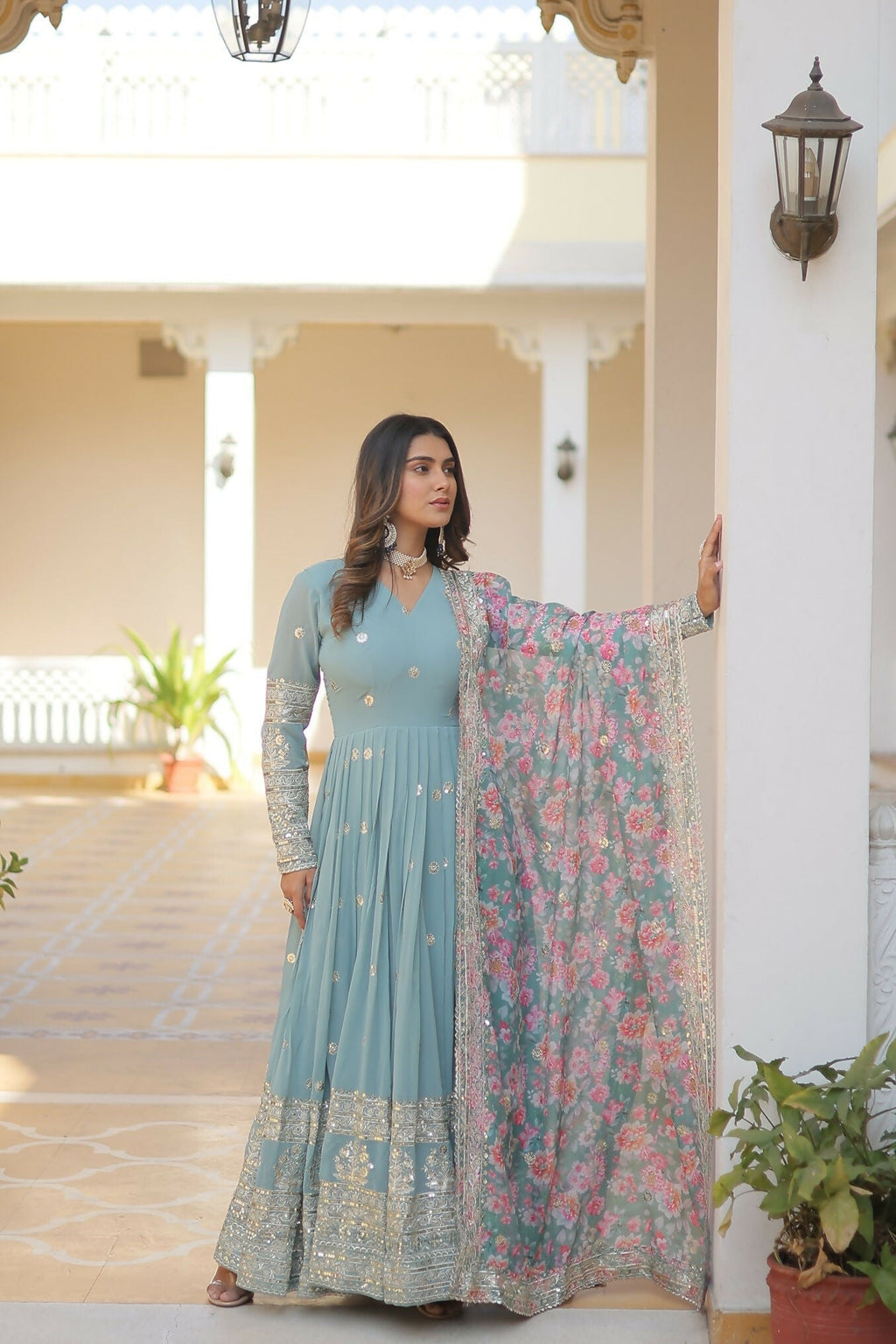 Joban Fashion Sky Blue Georgette Sequence Embroidery Work Kurta Set - Distacart
