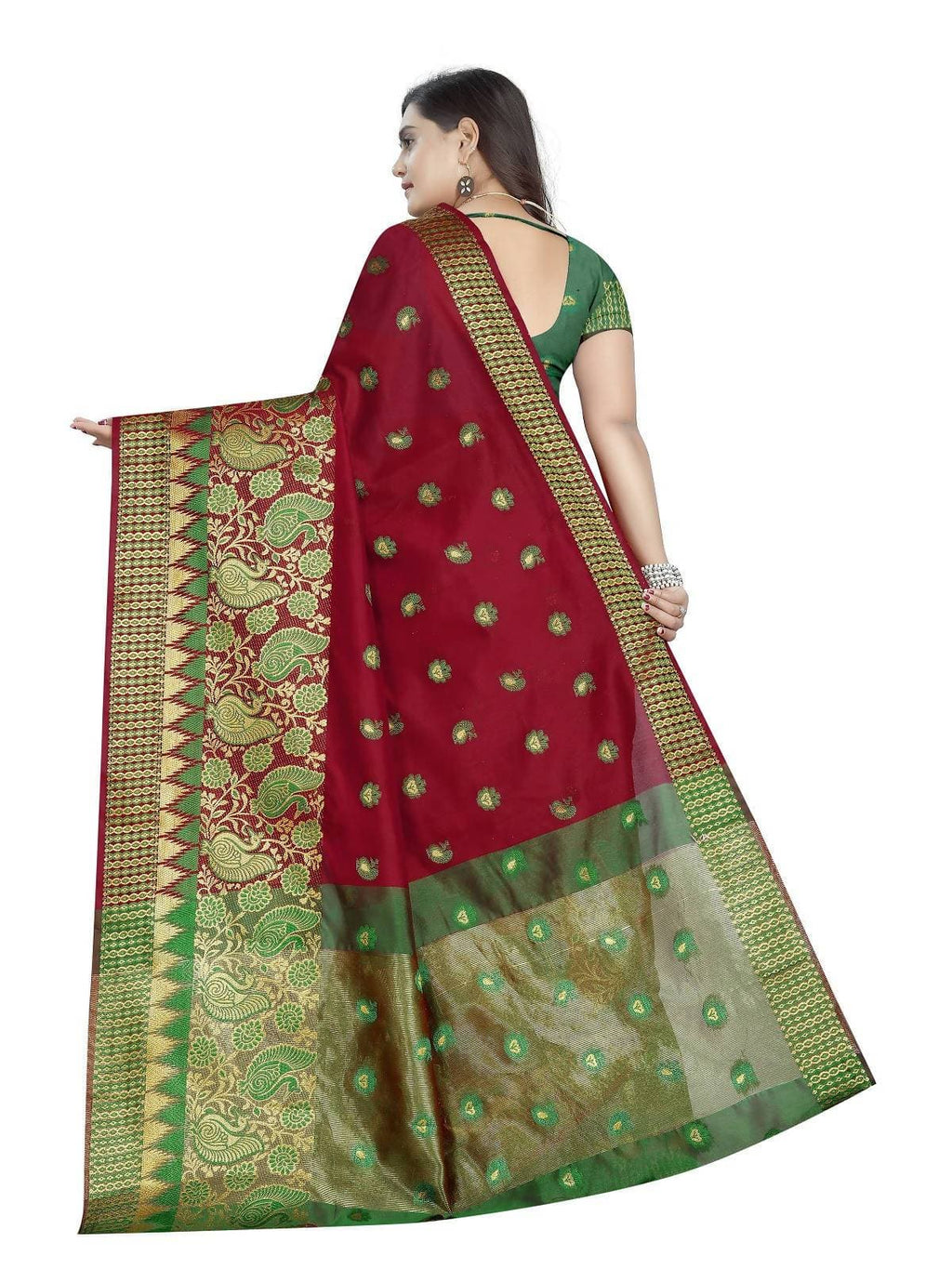 Vamika Banarasi Jaquard Red Weaving Saree With Green Blouse
