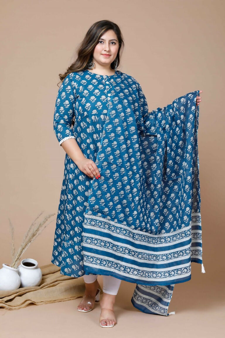 Miravan Women's Plus Size Blue Printed Anarkali Kurta With Dupatta