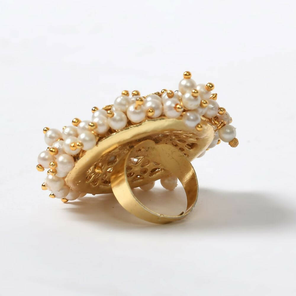 Mominos Fashion Joharkamal Gold-Polished with Pearls Adjustable Finger Ring