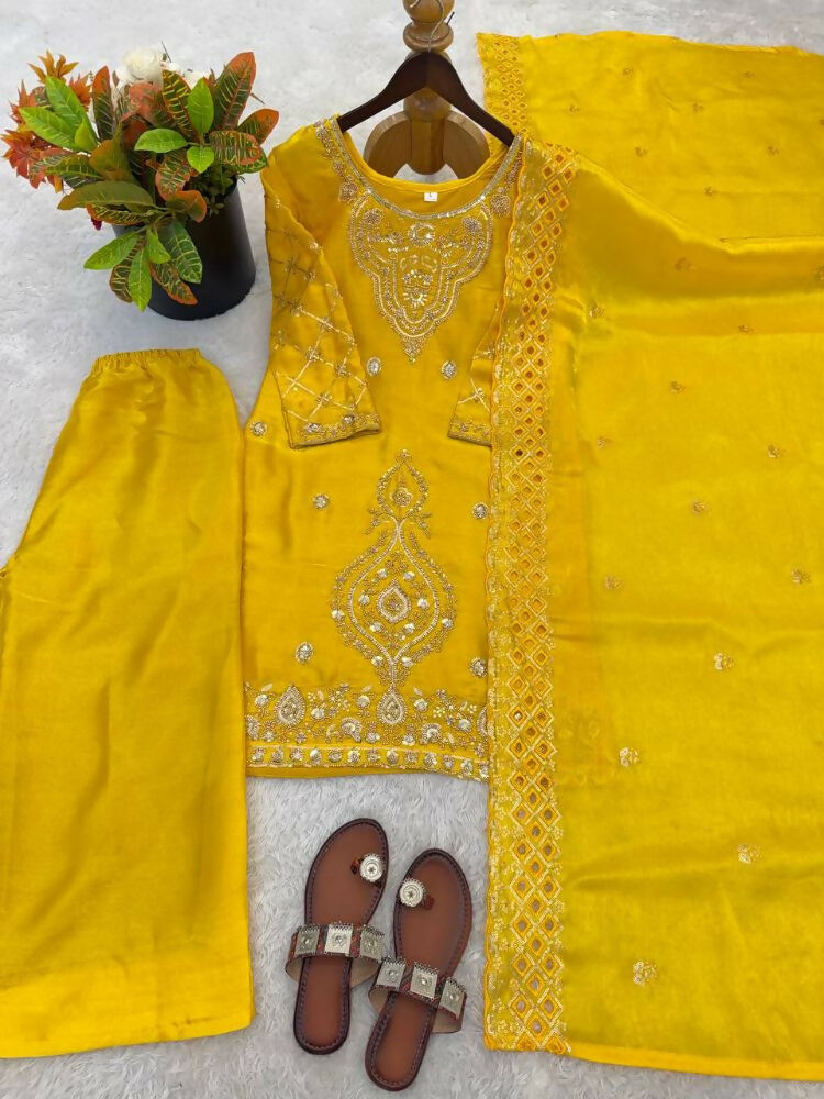 Teeya Creation Yellow Color Gimmychu Silk Embroidery Work Wedding Wear Salwar Suit - Distacart