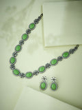 Nuyug Antique Silver Plated Crystal Studded Faux Jade Stones Embellished Necklace Set