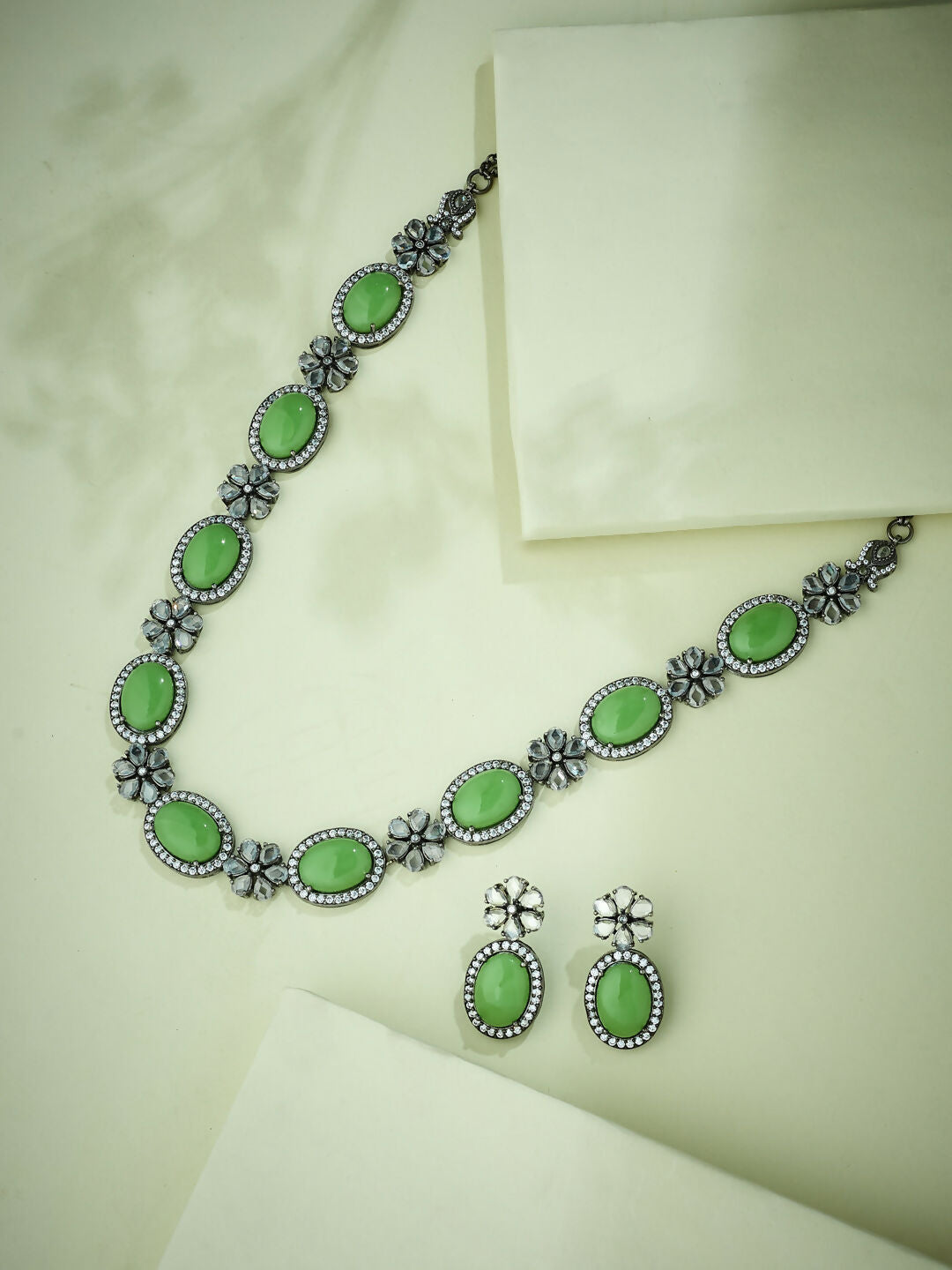 Nuyug Antique Silver Plated Crystal Studded Faux Jade Stones Embellished Necklace Set