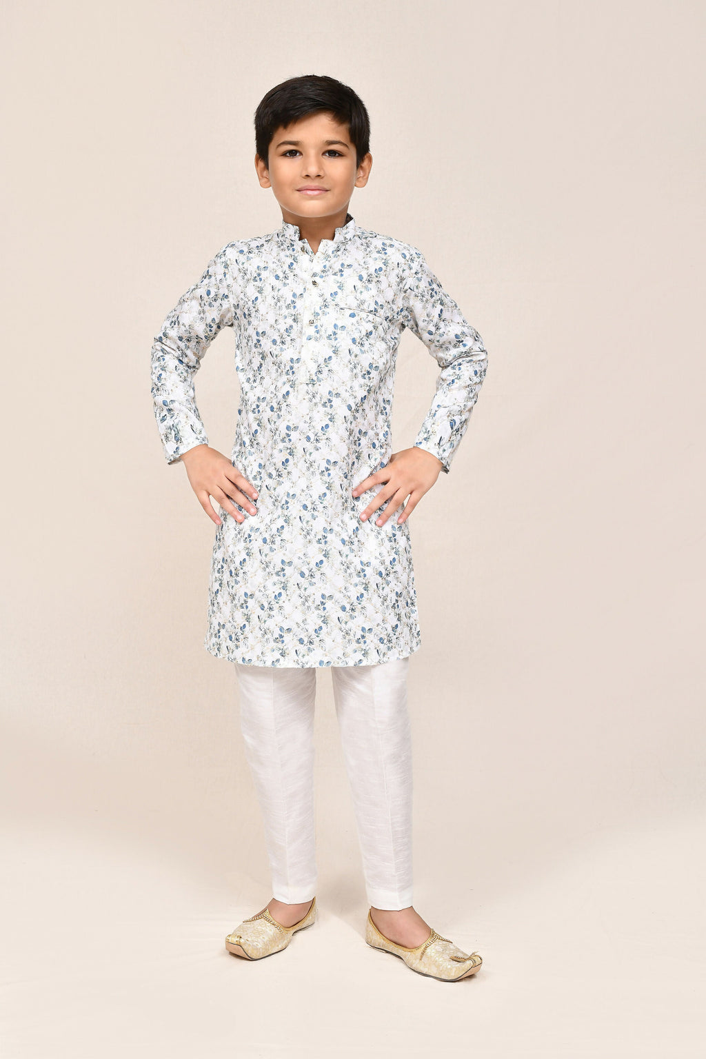 Joban Fashion Printed Cotton White Kurta With Straight Fit Pant
