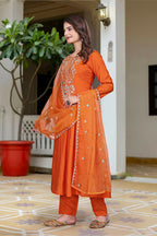 The52 Women's Beautiful Vichitra Fabric Embroidery Work Flared Anarkali Pant and Dupatta Set - Distacart