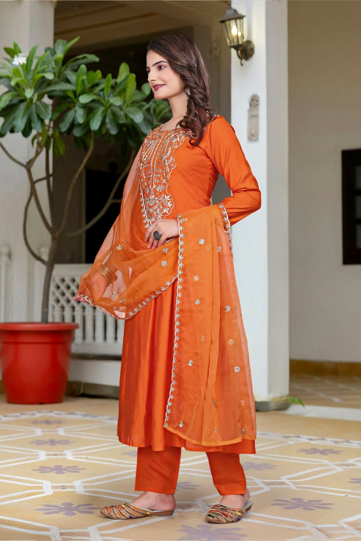 The52 Women's Beautiful Vichitra Fabric Embroidery Work Flared Anarkali Pant and Dupatta Set - Distacart