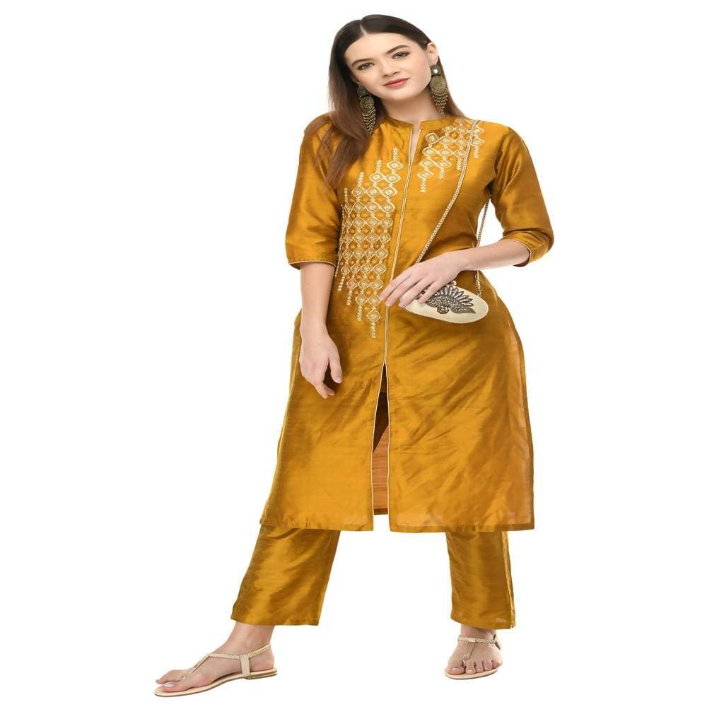 Lagi Women's Mustard Poly silk Straight Embroidred Kurta & Pant (RO115C)