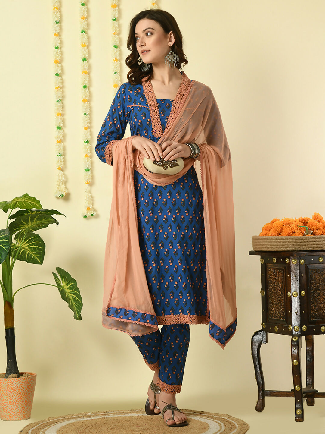 Myshka Women's Blue Pure Cotton Kurta & Trousers With Dupatta Party Sets