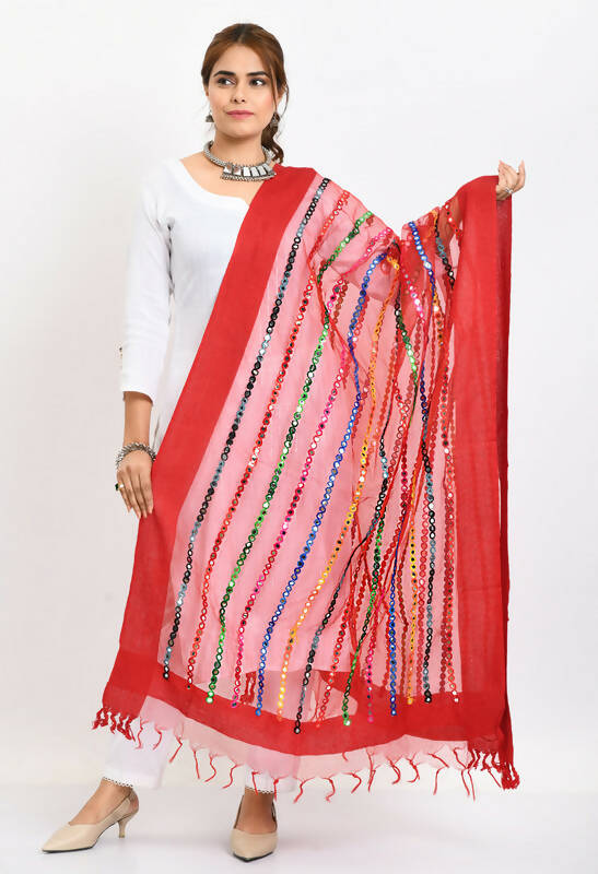 Mominos Fashion Moeza Women's Orgenza Multi Thread Mirror Work Red Dupatta - Distacart